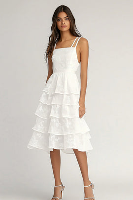 Ivory Chiffon Square Neck Midi A Line Graduation Dress