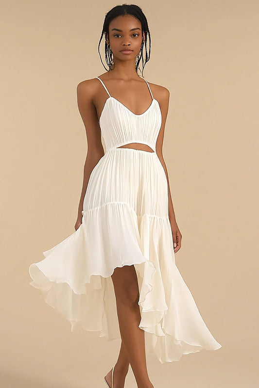 Ivory Chiffon Spaghetti Straps High-Low Graduation Dress with Ruffles