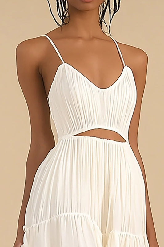 Ivory Chiffon Spaghetti Straps High-Low Graduation Dress with Ruffles