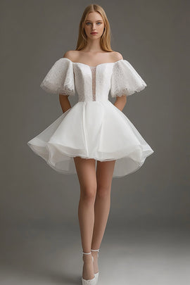 White Organza A Line Off The Shoulder Short Graduation Dress