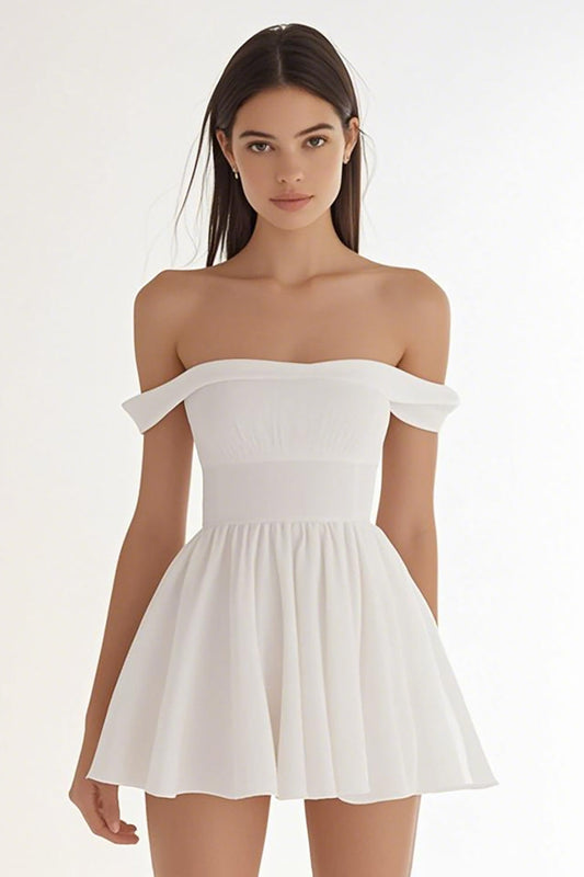 Ivory Chiffon Off The Shoulder A Line Short Graduation Dress