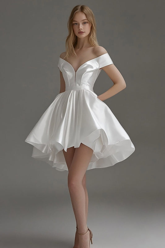 White Satin Off The Shoulder A Line Short Graduation Dress