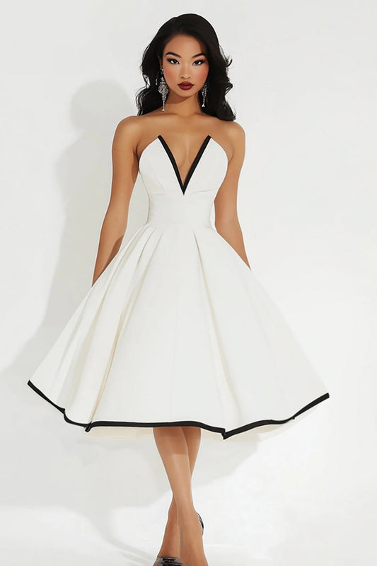 White Satin Strapless Midi V Neck A Line Graduation Dress