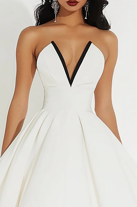 White Satin Strapless Midi V Neck A Line Graduation Dress