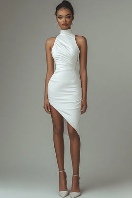White Satin Asymmetrical High Neck Bodycon Midi Graduation Dress