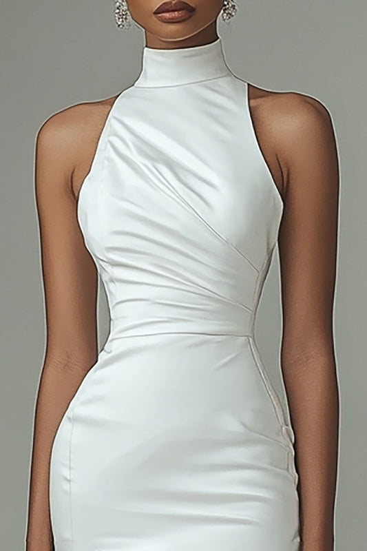 White Satin Asymmetrical High Neck Bodycon Midi Graduation Dress