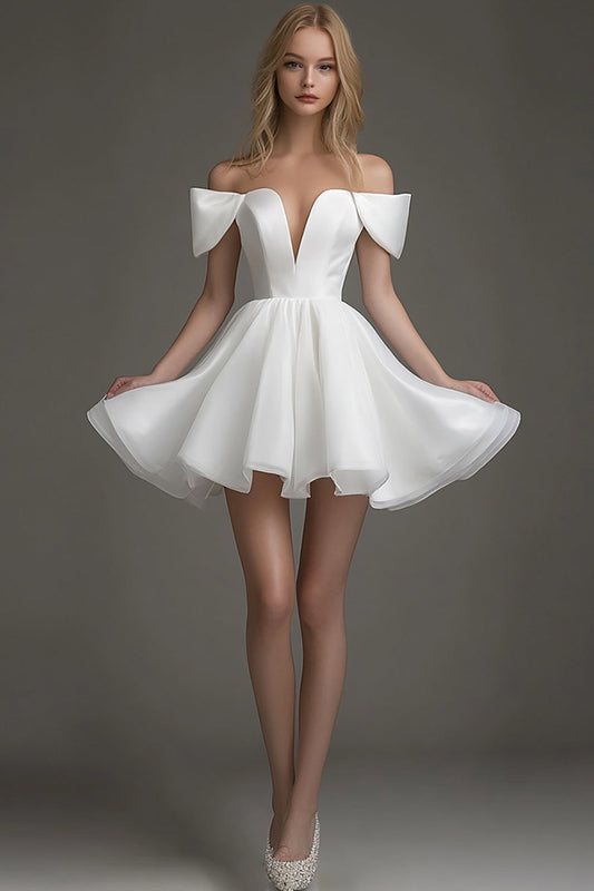 White Off The Shoulder Short A Line Graduation Dress