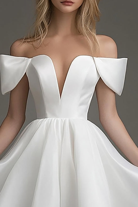 White Off The Shoulder Short A Line Graduation Dress