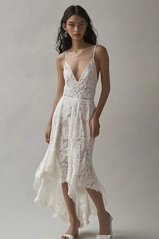Ivory Lace Deep V Neck High-Low Engagement Dress