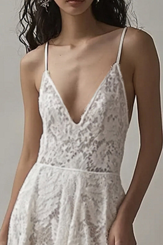 Ivory Lace Deep V Neck High-Low Engagement Dress