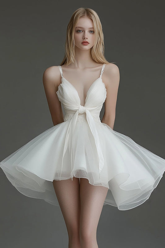 Ivory A Line Organza V Neck Short Graduation Dress