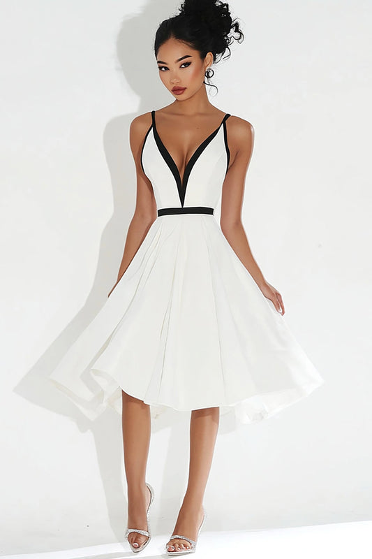 White Deep V Neck A Line Midi Graduation Dress