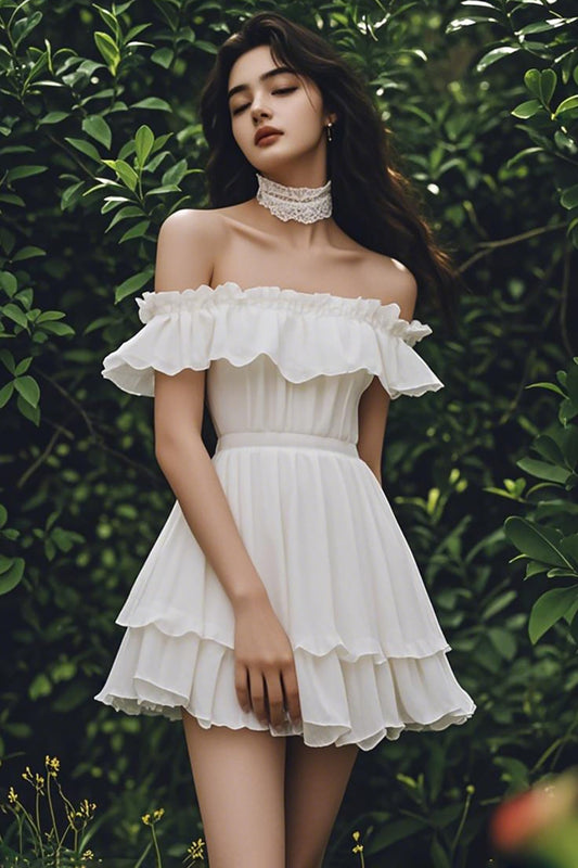 Ivory Chiffon Short A Line Off the Shoulder Graduation Dress with Ruffles