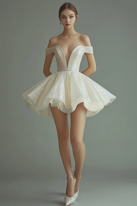Sparkly Champagne A Line Sequins V-Neck Short Graduation Dress
