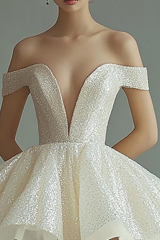 Sparkly Champagne A Line Sequins V-Neck Short Graduation Dress