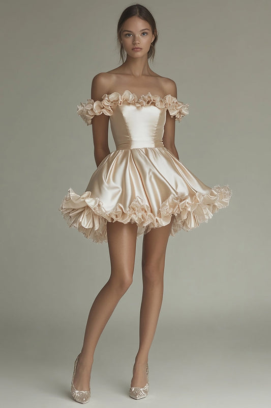 Champagne Off the Shoulder Short Satin Graduation Dress with Ruffles