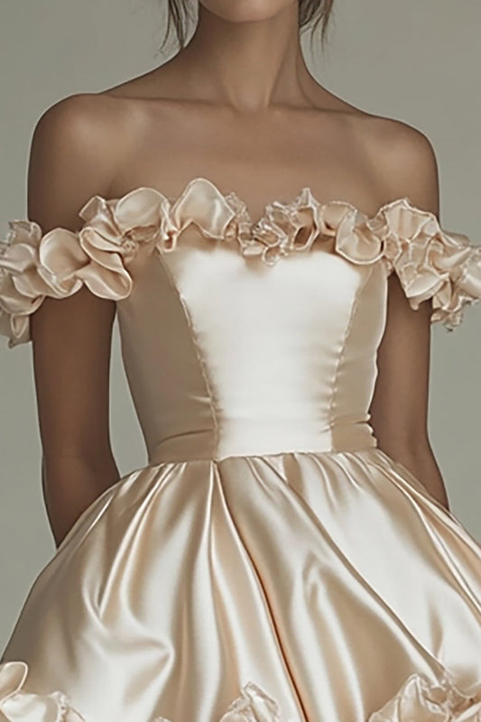 Champagne Off the Shoulder Short Satin Graduation Dress with Ruffles