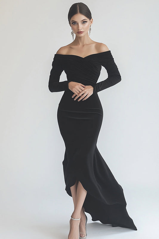 Black Mermaid Off the Shoulder Chiffon Long Sleeves Formal Dress