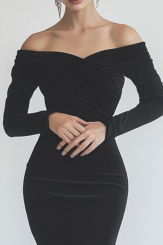 Black Mermaid Off the Shoulder Chiffon Long Sleeves Formal Dress