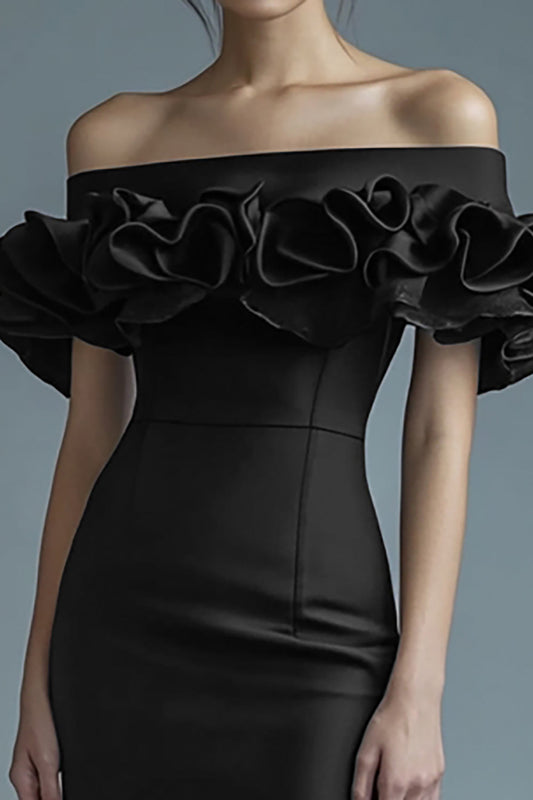 Black Satin Off the Shoulder Short Bodycon Cocktail Dress with Ruffles