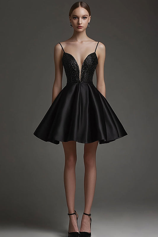 Black Satin Deep V Neck Short A Line Cocktail Dress with Beading