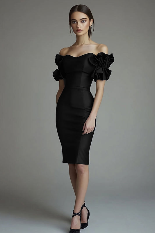 Black Midi Satin Off the Shoulder Bodycon Formal Dress with Ruffles