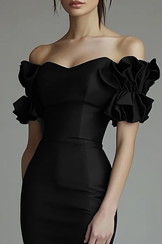 Black Midi Satin Off the Shoulder Bodycon Formal Dress with Ruffles