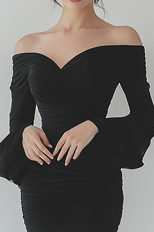 Black Asymmetrical Sheath Formal Dress with Long Sleeves