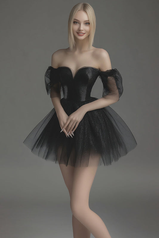 Black Tulle A Line Off The Shoulder Short Cocktail Dress