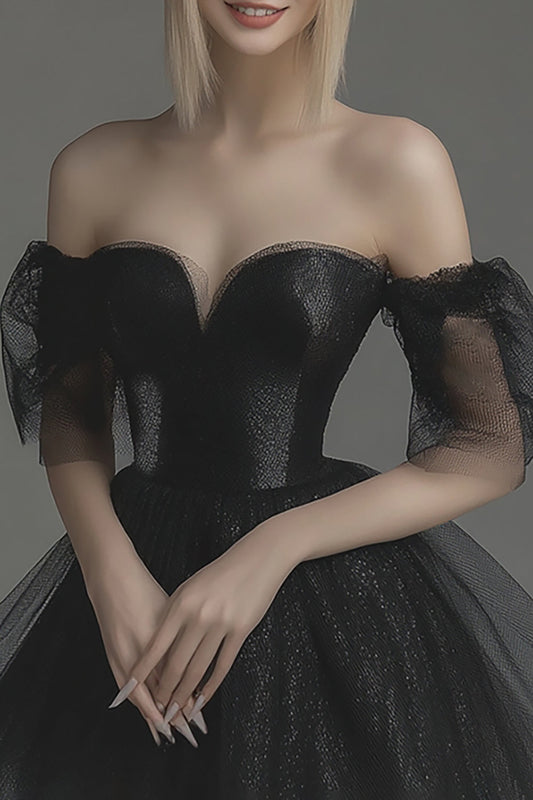Black Tulle A Line Off The Shoulder Short Cocktail Dress
