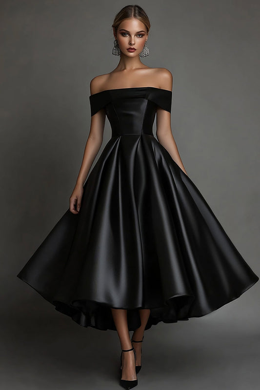 Black A Line Off The Shoulder Midi Satin Formal Dress