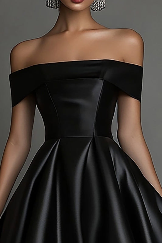 Black A Line Off The Shoulder Midi Satin Formal Dress