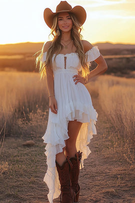White A Line Off the Shoulder Asymmetrical Formal Dress with Ruffles