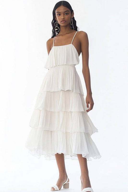 White A Line Spaghetti Straps Tiered Long Rehearsal Dinner Dress