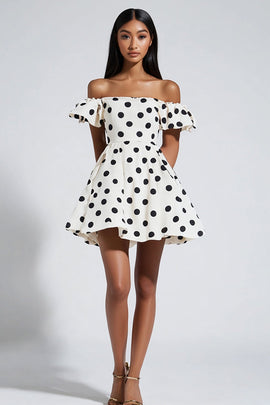 White Polka Dots Off the Shoulder A Line Short Graduation Dress