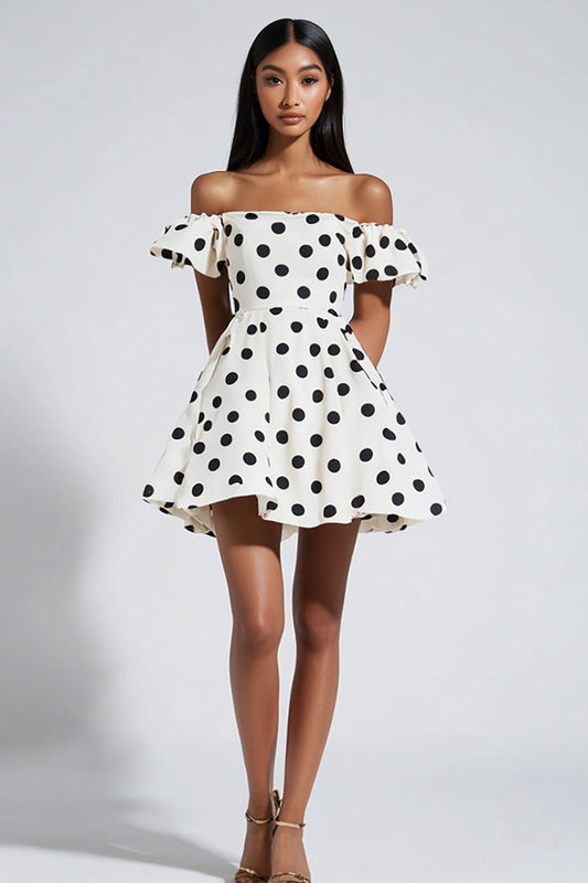 White Polka Dots Off the Shoulder A Line Short Graduation Dress