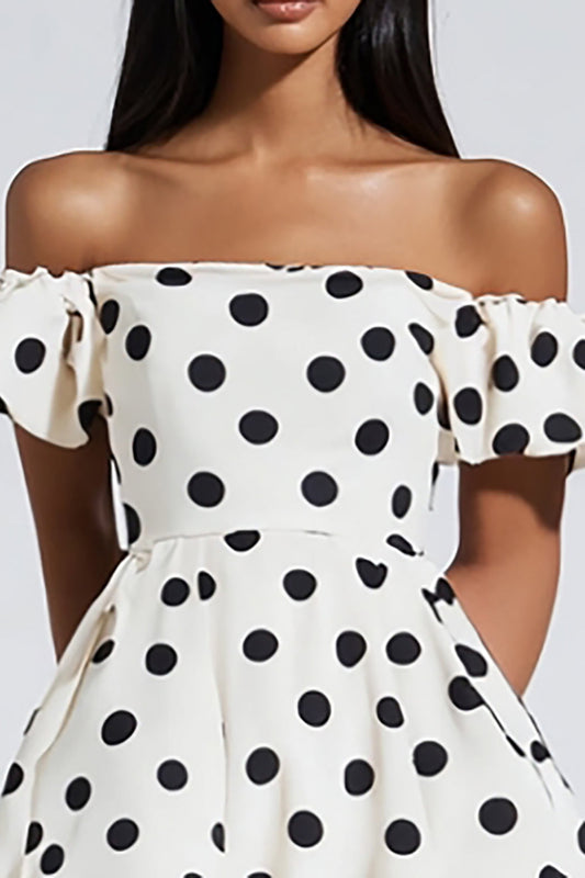 White Polka Dots Off the Shoulder A Line Short Graduation Dress