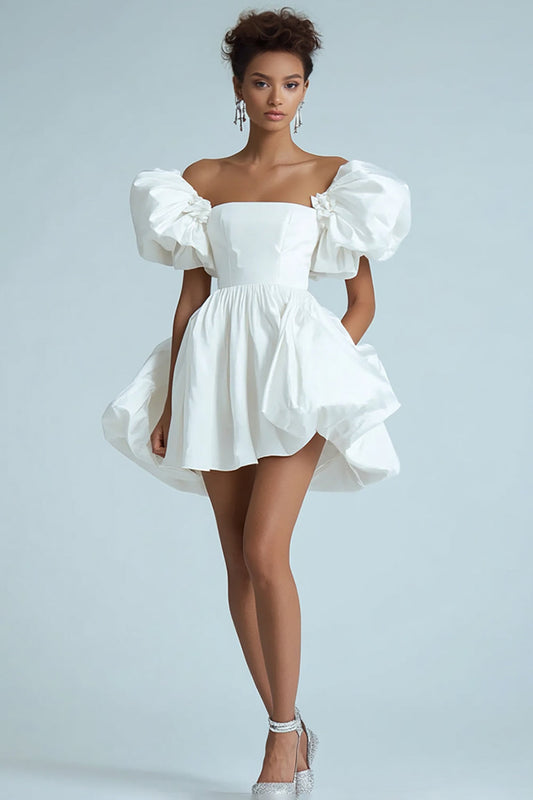 White A Line Ruffled Satin Off the Shoulder Short Graduation Dress