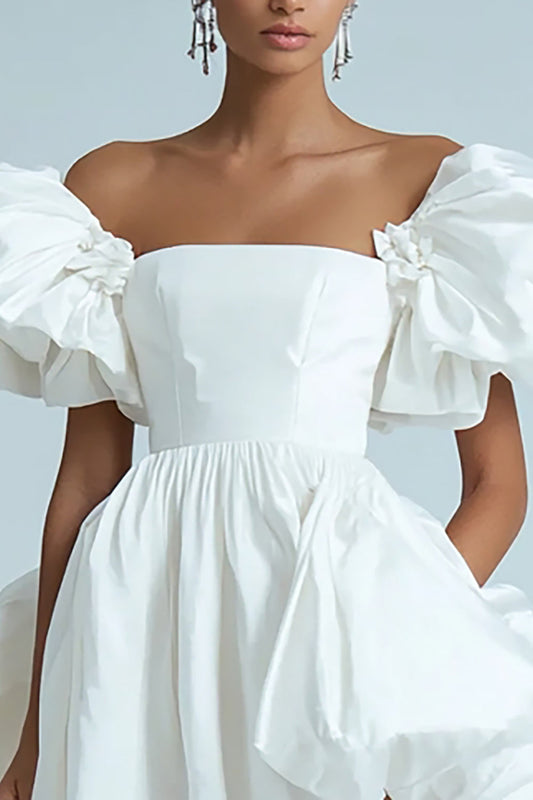 White A Line Ruffled Satin Off the Shoulder Short Graduation Dress