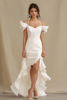 Ivory High-Low Sheath Rehearsal Dinner Dress with Ruffles