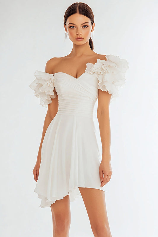 Ivory A Line Off the Shoulder Short Graduation Asymmetrical Dress with Ruffles