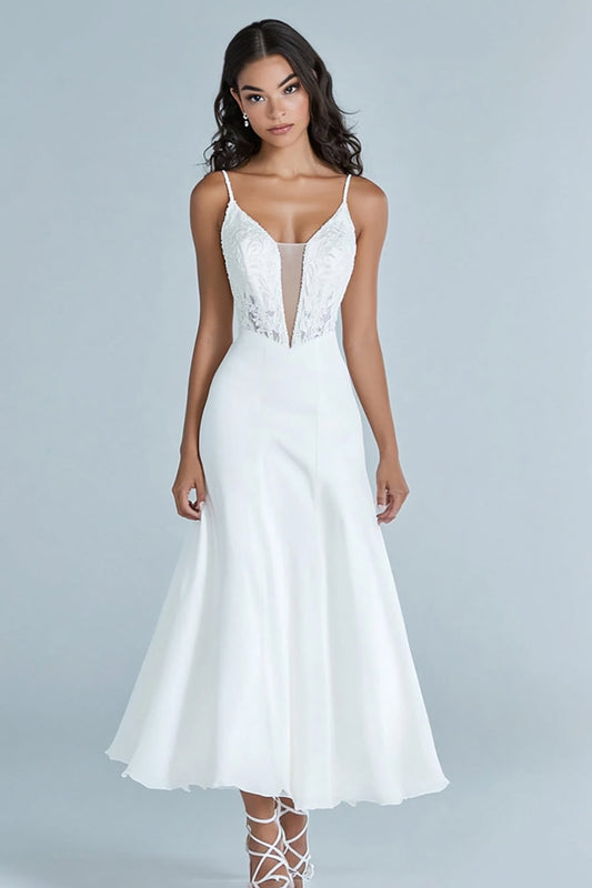 White Corset Satin Long Regearsal Dinner Dress with Appliques