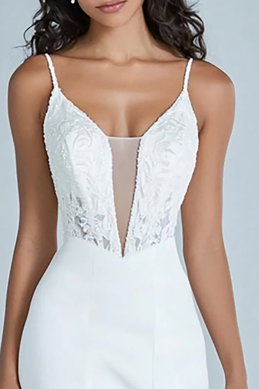 White Corset Satin Long Regearsal Dinner Dress with Appliques