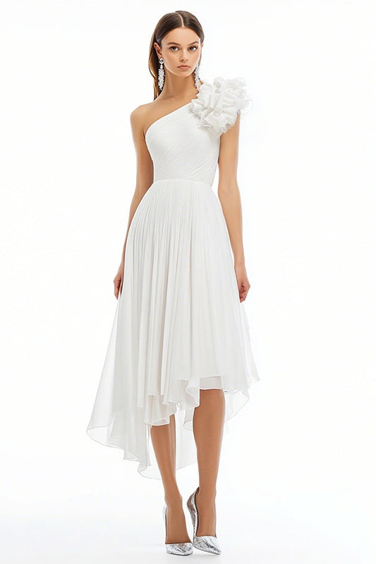 White Chiffon A Line One Shoulder Long Graduation Dress with Ruffles