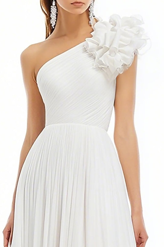 White Chiffon A Line One Shoulder Long Graduation Dress with Ruffles
