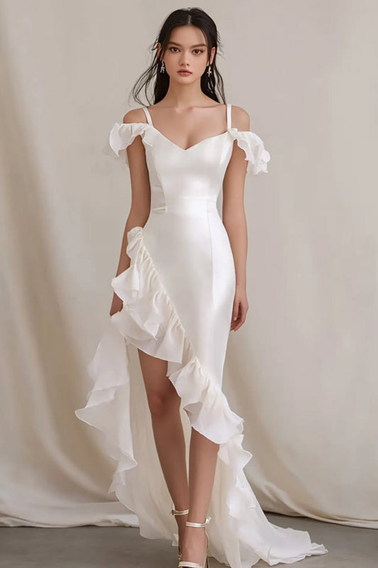 White Cold Shoulder Long Sheath Rehearsal Dinner Dress with Ruffles