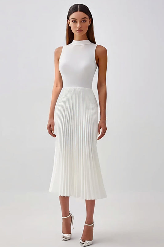 White Chiffon Sheath High Neck Pleated Long Rehearsal Dinner Dress