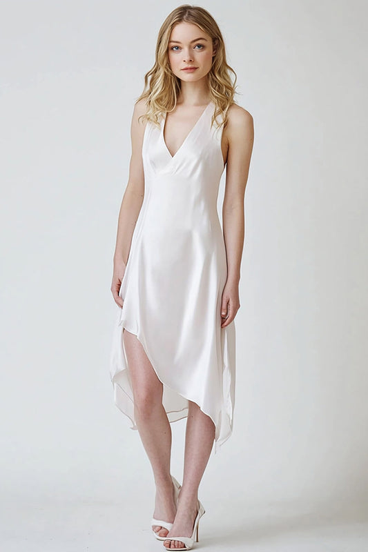 White Sheath V-Neck Satin Midi Asymmetrical Graduation Dress