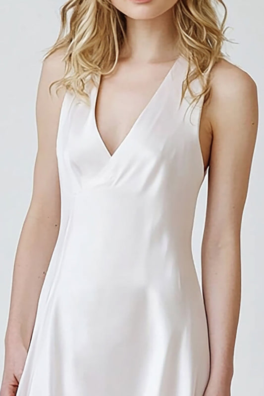 White Sheath V-Neck Satin Midi Asymmetrical Graduation Dress