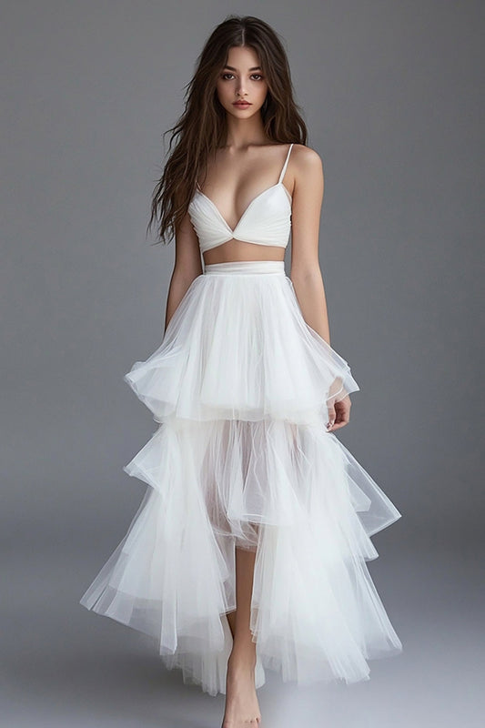White 2 Pieces A Line Tulle Long Rehearsal Dinner Dress with Ruffles